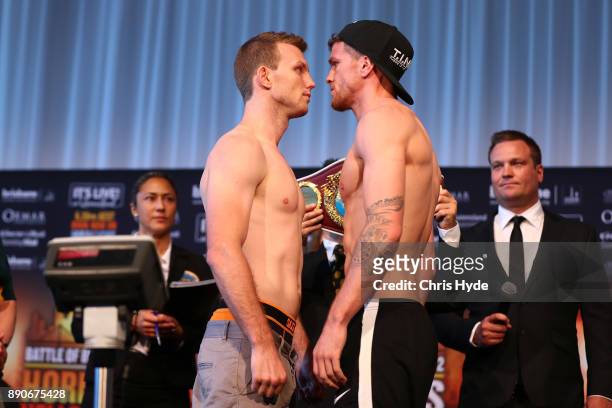 Jeff Horn and Gary Corcoran face off during the official weigh in at Sky Terrace on December 12, 2017 in Brisbane, Australia. Horn and Corcoran will...