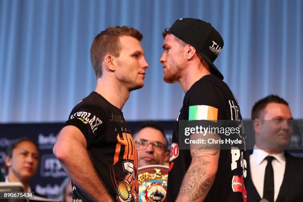 Jeff Horn and Gary Corcoran face off during the official weigh in at Sky Terrace on December 12, 2017 in Brisbane, Australia. Horn and Corcoran will...