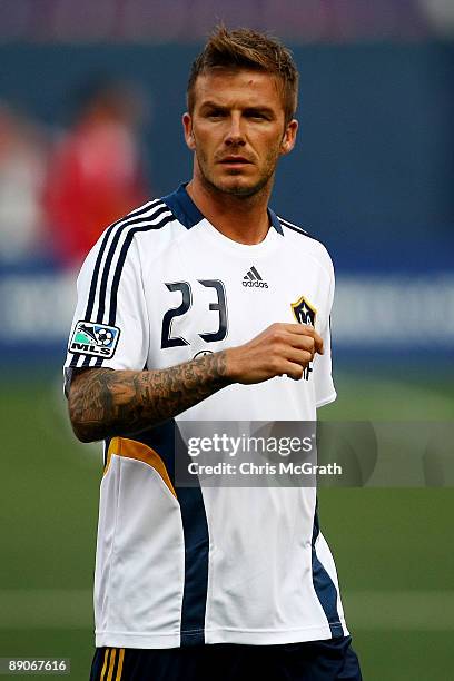 David Beckham of the LA Galaxy looks on during practice before the game against the New York Red Bulls at Giants Stadium in the Meadowlands on July...