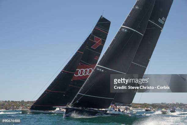 Black Jack and Wild Oats XI sail up the harbour during the CYCA SOLAS Big Boat Challenge 2017 on December 12, 2017 in Sydney, Australia.
