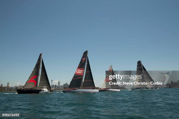 Black Jack Wild Otas X , Wild Oats XI and Beau Geste in the start of the race during the CYCA SOLAS Big Boat Challenge 2017 on December 12, 2017 in...