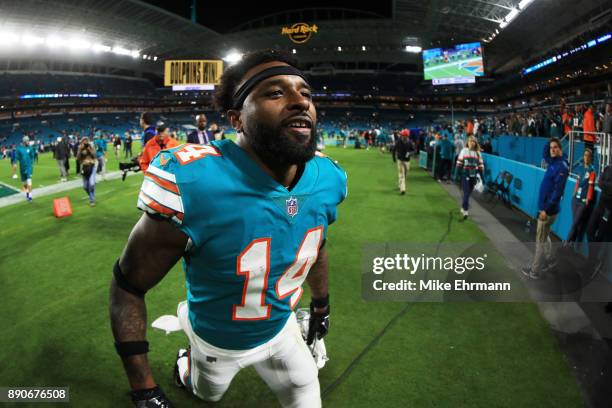 Jarvis Landry of the Miami Dolphins celebrates their 27 to 20 win over the New England Patriots at Hard Rock Stadium on December 11, 2017 in Miami...