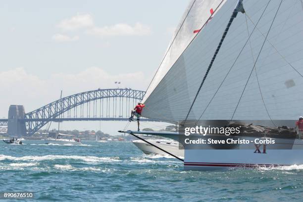 Bowman Tim Wiseman of Wild Oats XI in action during the CYCA SOLAS Big Boat Challenge 2017 on December 12, 2017 in Sydney, Australia.