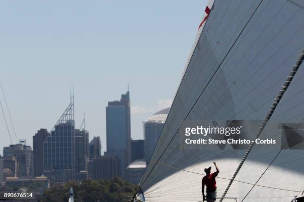 Bowman Tim Wiseman of Wild Oats XI in action during the CYCA SOLAS Big Boat Challenge 2017 on December 12, 2017 in Sydney, Australia.