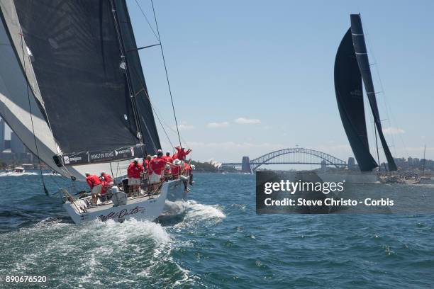 Wild Oats XI follows Black Jack to the finish line during the CYCA SOLAS Big Boat Challenge 2017 on December 12, 2017 in Sydney, Australia.