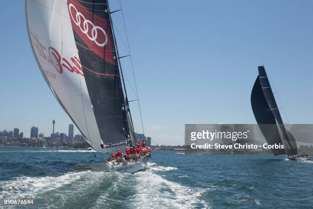 Wild Oats XI follows Black Jack to the finish line during the CYCA SOLAS Big Boat Challenge 2017 on December 12, 2017 in Sydney, Australia.