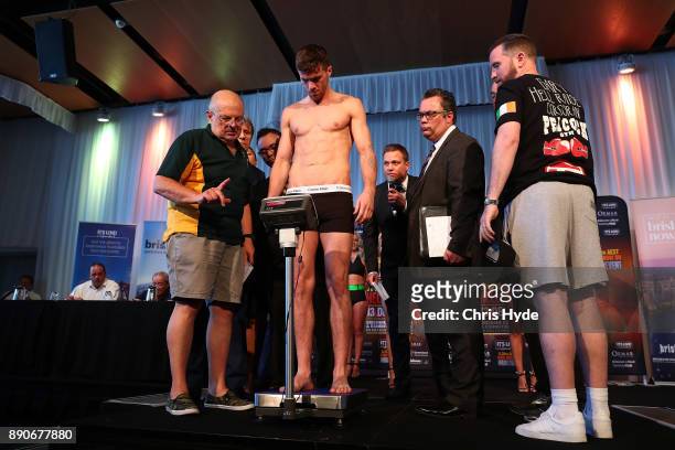 Gary Corcoran during the official weigh in at Sky Terrace on December 12, 2017 in Brisbane, Australia. Horn and Corcoran will fight for the WBO world...