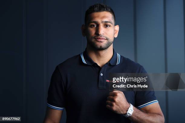 Boxer Amir Khan poses for a portrait at Sky Terrace on December 12, 2017 in Brisbane, Australia. Khan will be watching Horn v Corcoran fight for the...