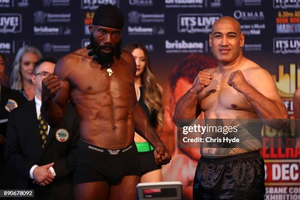 David Izonritei and Alex Leapai pose during the official weigh in at Sky Terrace on December 12, 2017 in Brisbane, Australia. David Izonritei will...