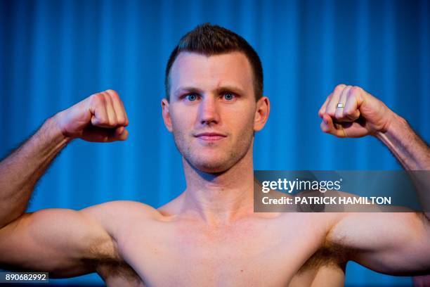 Australian boxer Jeff Horn poses during the pre-fight weigh-in at the Brisbane Convention Centre in Brisbane on December 12 the eve of the World...