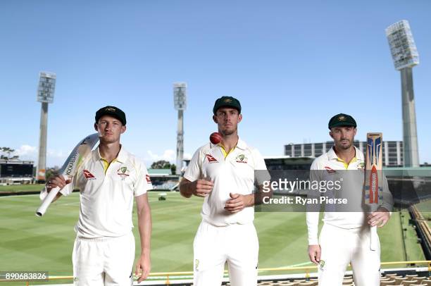 Western Australian Test Players Cameron Bancroft, Mitch Marsh and Shaun Marsh of Australia pose during a portrait session ahead of the Third Test in...