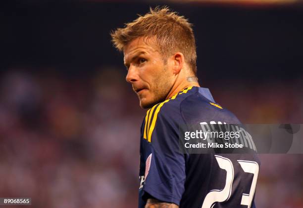 David Beckham of the LA Galaxy looks on against the New York Red Bulls at Giants Stadium in the Meadowlands on July 16, 2009 in East Rutherford, New...