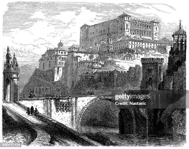 toledo, spain - arch bridge stock illustrations