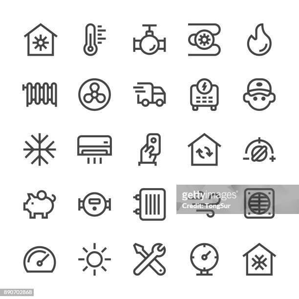 ilustraciones, imágenes clip art, dibujos animados e iconos de stock de calefacción y refrigeración los iconos - línea mediumx - calor