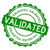 Grunge green validated wording round rubber seal stamp on white background