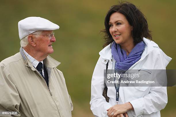 James Montgomerie and Gaynor Montgomerie chat during round two of the 138th Open Championship on the Ailsa Course, Turnberry Golf Club on July 17,...