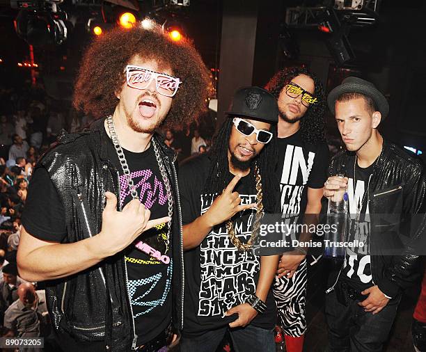 Red Foo of LMFAO, Lil Jon, SkyBlu of LMFAO and Eric D Lux perform at TAO Las Vegas at the Venetian on July 16, 2009 in Las Vegas, Nevada.