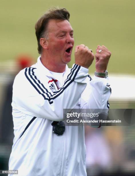 Louis van Gaal, head coach of Bayern Muenchen reacts during a training session at day two of the FC Bayern Muenchen training camp on July 17, 2009 in...