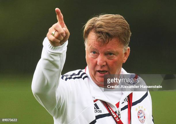 Louis van Gaal, head coach of Bayern Muenchen reacts during a training session at day two of the FC Bayern Muenchen training camp on July 17, 2009 in...