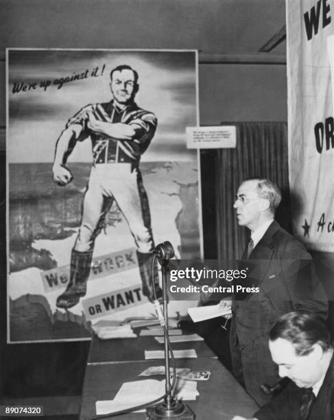 British President of the Board of Trade, Sir Stafford Cripps , giving a speech on the British economic situation at a meeting in London, 18th April...