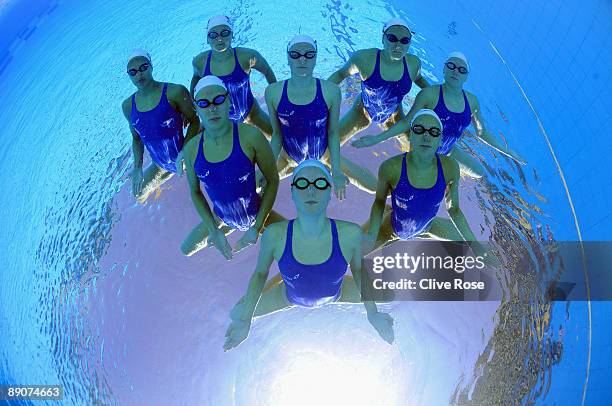 The Great Britain Womens Synchronised Swimming Team during practice ahead of the World Championships on July 17, 2009 in Rome, Italy.