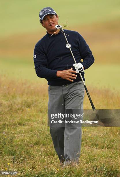 Michael Campbell of New Zealand hits out of the rough during round two of the 138th Open Championship on the Ailsa Course, Turnberry Golf Club on...
