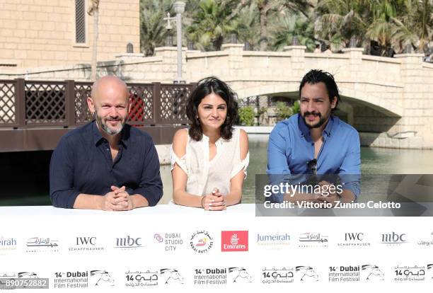 Muhr Short and Gulf Short Jury President Gilles Marchand and jury members Ahd Kamel and Mehdi Barsaoui attend the Jury photocall on day seven of the...