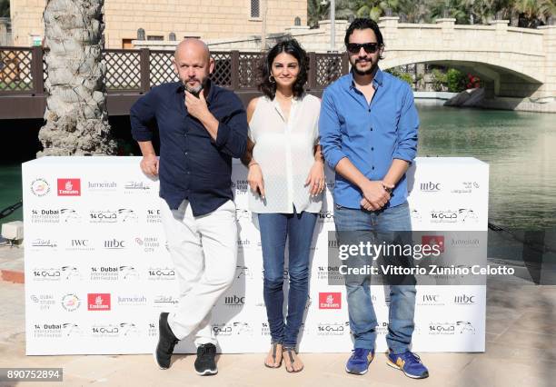 Muhr Short and Gulf Short Jury President Gilles Marchand and jury members Ahd Kamel and Mehdi Barsaoui attend the Jury photocall on day seven of the...