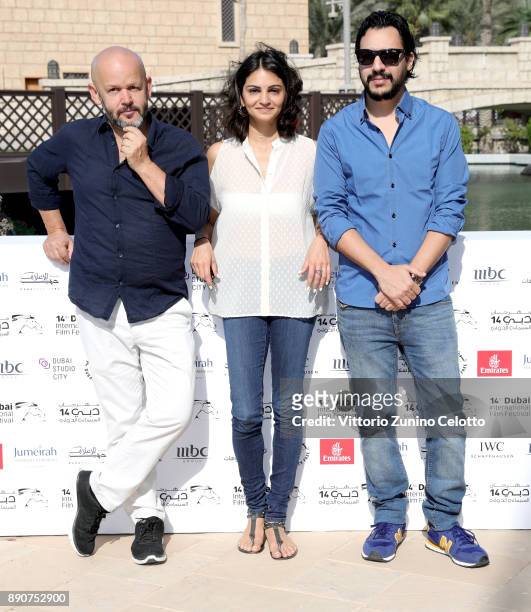 Muhr Short and Gulf Short Jury President Gilles Marchand and jury members Ahd Kamel and Mehdi Barsaoui attend the Jury photocall on day seven of the...