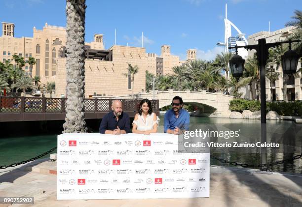 Muhr Short and Gulf Short Jury President Gilles Marchand and jury members Ahd Kamel and Mehdi Barsaoui attend the Jury photocall on day seven of the...