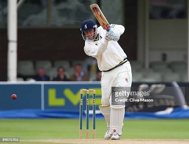 Rikki Clarke of Warwichshire plays a shot during Day 3 of the LV County Championship Division One match between Warwickshire and Lancashire at...
