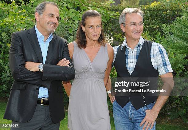 Marc Toesca, Princess Stephanie of Monaco and Laurent Petitguillaume attend a press conference before the summer Gala of Fight Aids Monaco on July...