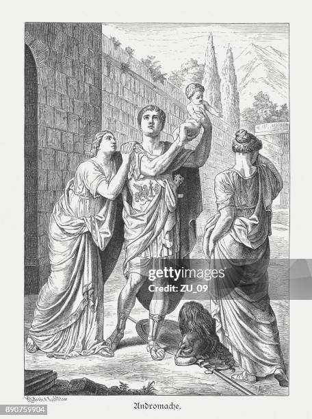 hector's farewell from andromache, greek mythology, wood engraving, published 1879 - sparta greece stock illustrations