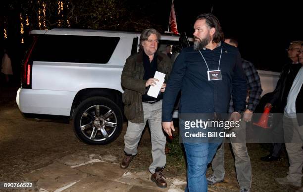 Steve Bannon arrives for the "Drain the Swamp" Roy Moore campaign rally in Midland City, Ala., on Monday, Dec. 11, 2017.