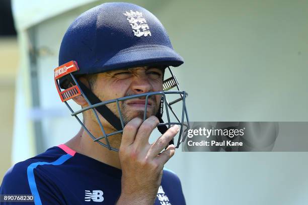 Alistair Cook of England looks on during an England nets session ahead of the Third Test in the 2017/18 Ashes series at WACA on December 12, 2017 in...