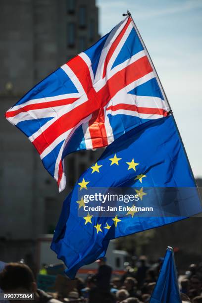 british union and eu flags - brexit stock-fotos und bilder