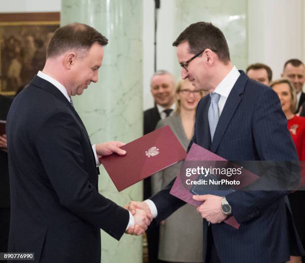 Polish President Andrzej Duda and Prime Minister Mateusz Morawiecki during the new Polish Government appointment ceremony in Presidential Palace in...