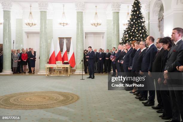 Prime Minister Mateusz Morawiecki and ministers during the new Polish Government appointment ceremony in Presidential Palace in Warsaw, Poland on 11...