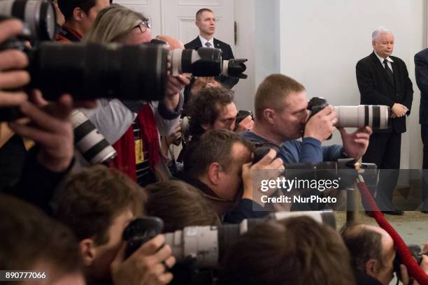 Leader of Law and Justice party Jaroslaw Kaczynski and photographers during the new Polish Government appointment ceremony in Presidential Palace in...