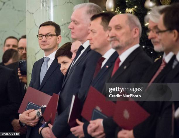 Prime Minister Mateusz Morawiecki and ministers during the new Polish Government appointment ceremony in Presidential Palace in Warsaw, Poland on 11...