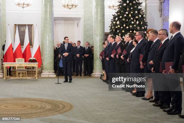 Prime Minister Mateusz Morawiecki and ministers during the new Polish Government appointment ceremony in Presidential Palace in Warsaw, Poland on 11...