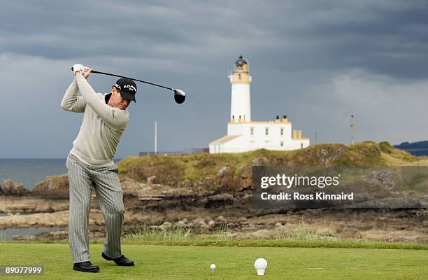 Tom Watson of USA hits his tee shot on the ninth hole during round two of the 138th Open Championship on the Ailsa Course, Turnberry Golf Club on...