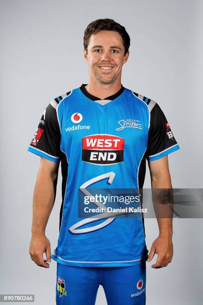 Travis Head poses during the Adelaide Strikers Big Bash League headshots session on December 12, 2017 in Adelaide, Australia.