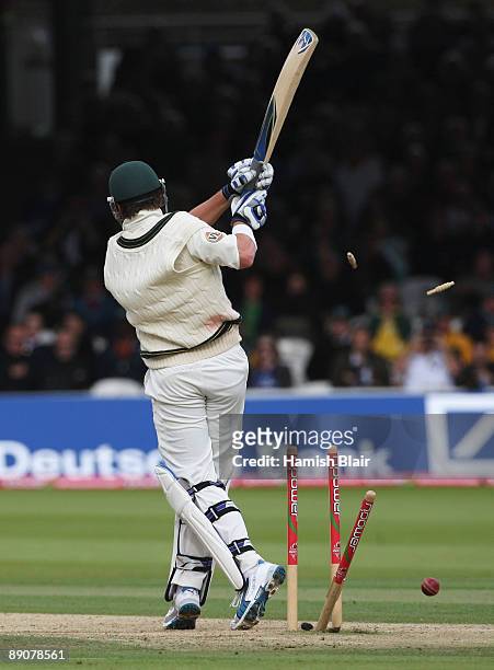 Marcus North of Australia is bowled by James Anderson of England during day two of the npower 2nd Ashes Test Match between England and Australia at...
