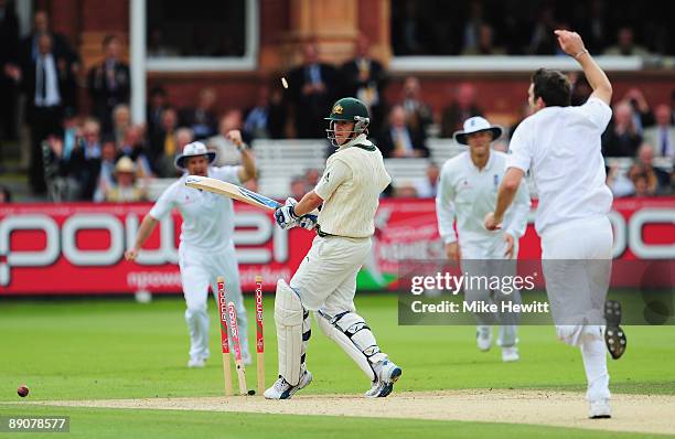 Marcus North of Australia is bowled by James Anderson of England during day two of the npower 2nd Ashes Test Match between England and Australia at...