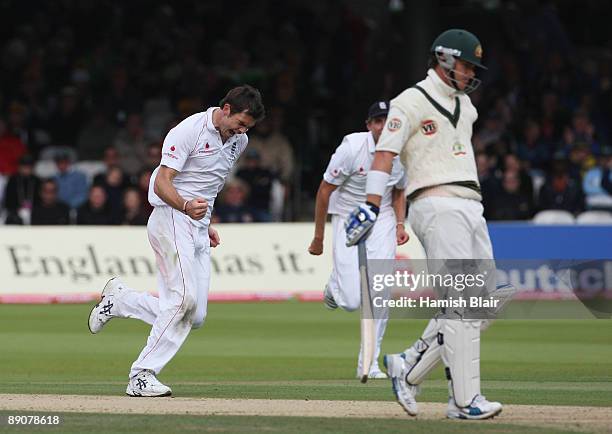 James Anderson of England celebrates the wicket of Marcus North of Australia during day two of the npower 2nd Ashes Test Match between England and...