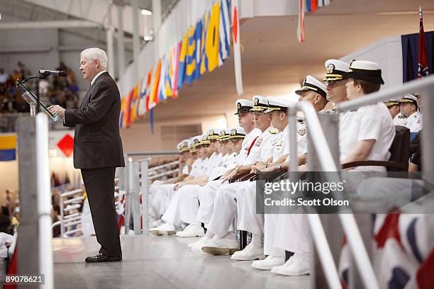 Defense Secretary Robert Gates addresses recruits during a graduation ceremony at Naval Station Great Lakes July 17, 2009 in Great Lakes, Illinois....