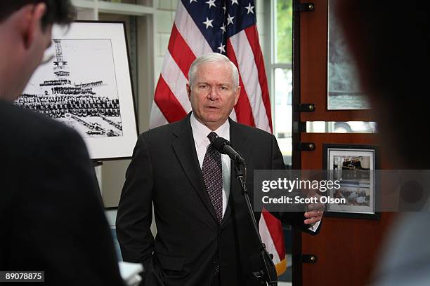 Defense Secretary Robert Gates speaks to the press after attending a graduation ceremony at Naval Station Great Lakes July 17, 2009 in Great Lakes,...