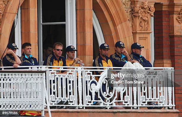 Ricky Ponting of Australia watches from the team balcony with coach Tim Nielsen and team mates during day two of the npower 2nd Ashes Test Match...