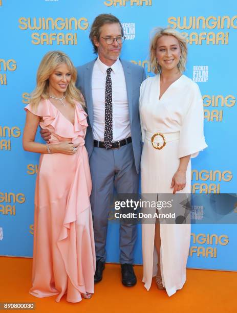 Kylie Minogue, Guy Pearce and Asher Keddie attend the world premiere of Swinging Safari on December 12, 2017 in Sydney, Australia.